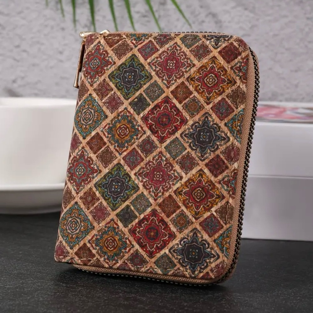 Boho Cork Mini Wallet Floral Coin Purse Zipper Card Holder Vegan Travel